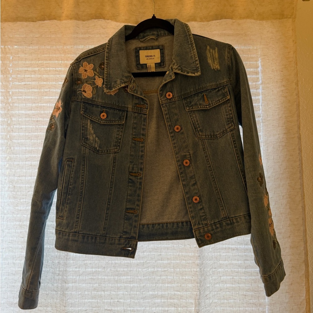 Forever 21 Blue Denim Jacket with Pink Floral Details